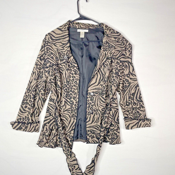 Susan Bristol Womens Jacket Brown Animal Cheetah XL Knit Belted Lined Mob Wife - Picture 6 of 16